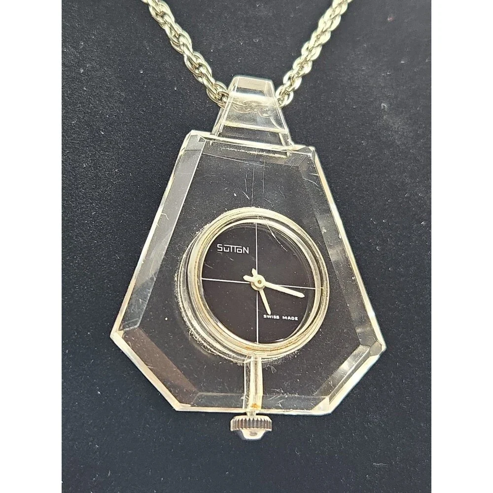 Vintage Sutton Swiss Manual Wind Lucite Plexiglass Pendant Watch MCM 1 Jewel 70s